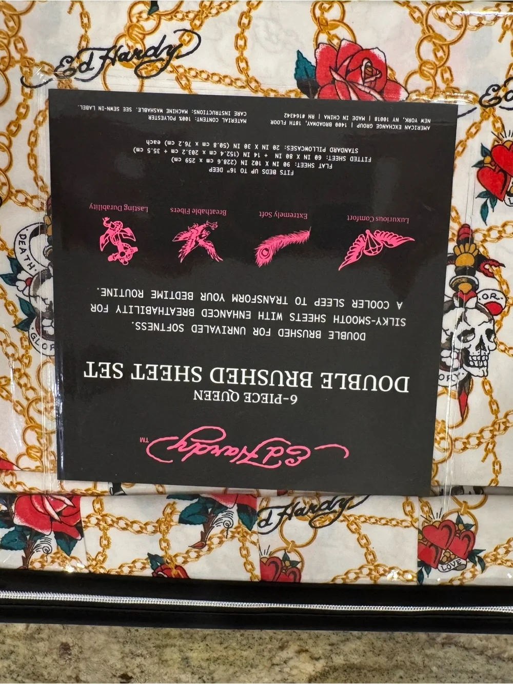 Ed Hardy White Sheet Set with Gold Chain and Red Rose Tattoo Motif